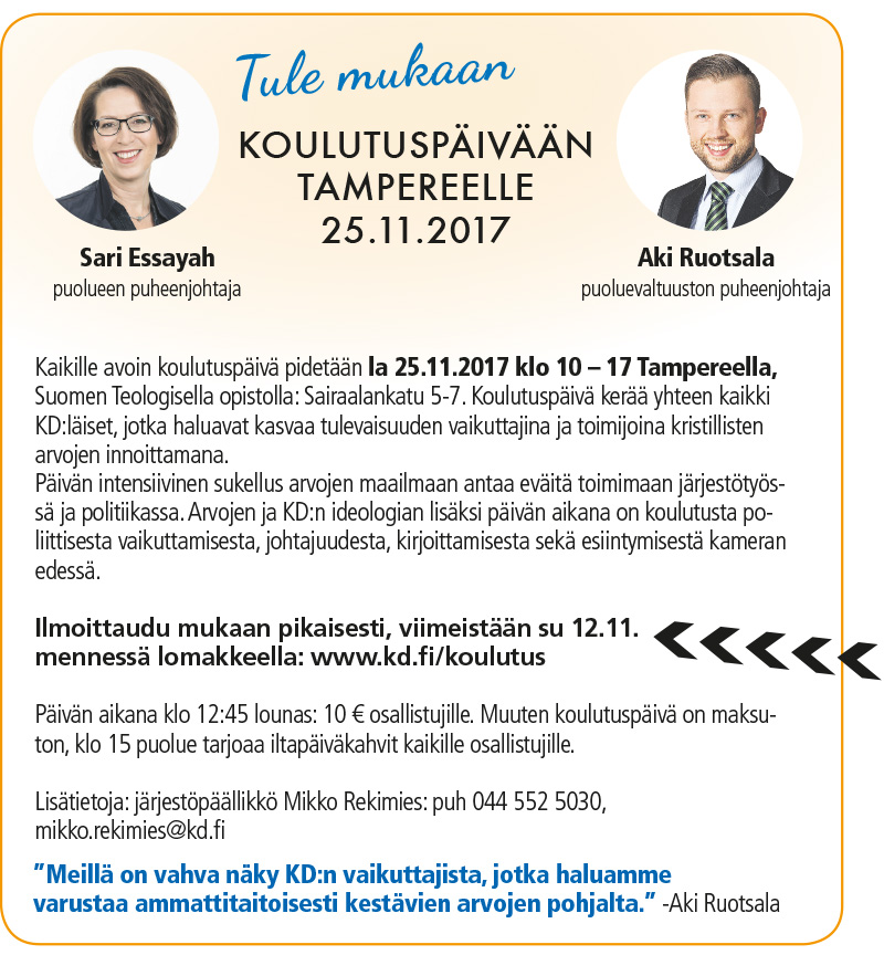 Puolueen koulutuspäivä kaikille halukkaille 25.11.Tampereella